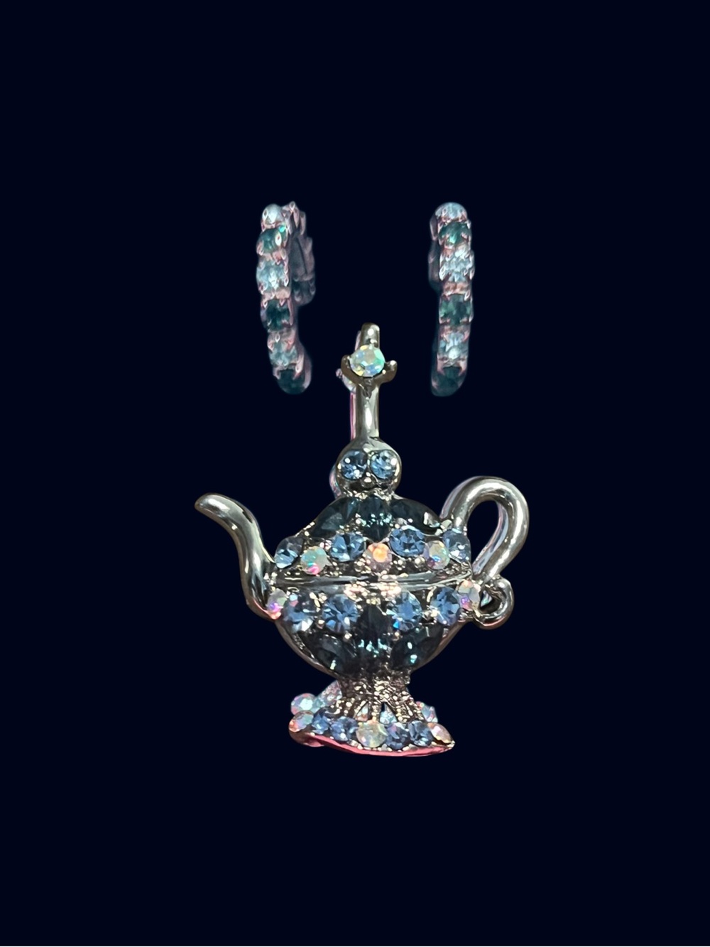 Vintage Blue Rhinestone Genie Lamp Lapel Pin & Earrings Set